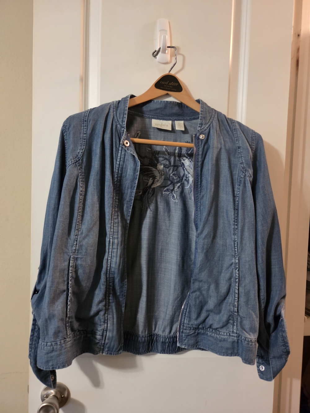 Chico's Light Blue Washed Denim Open-Front Jacket